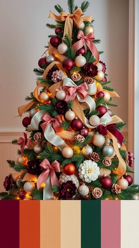 2025 Christmas Tree Color Trends A Christmas tree decorated with 2025 color trends including jewel tones, pastels, and earthy neutrals.